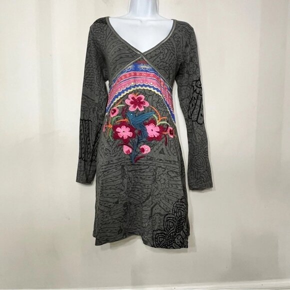 Desigual Dress Fit & Flare Hummingbird Embroidered Art Abstract Empire Waist L - Picture 10 of 10